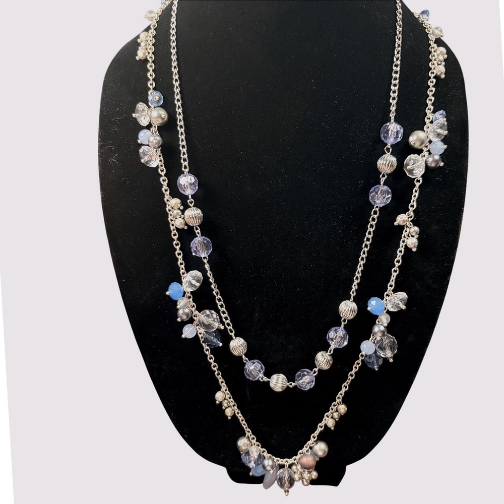 Multi-Strand Beaded NecklaceSilver Tone Blue Purple Chic Layered Boho